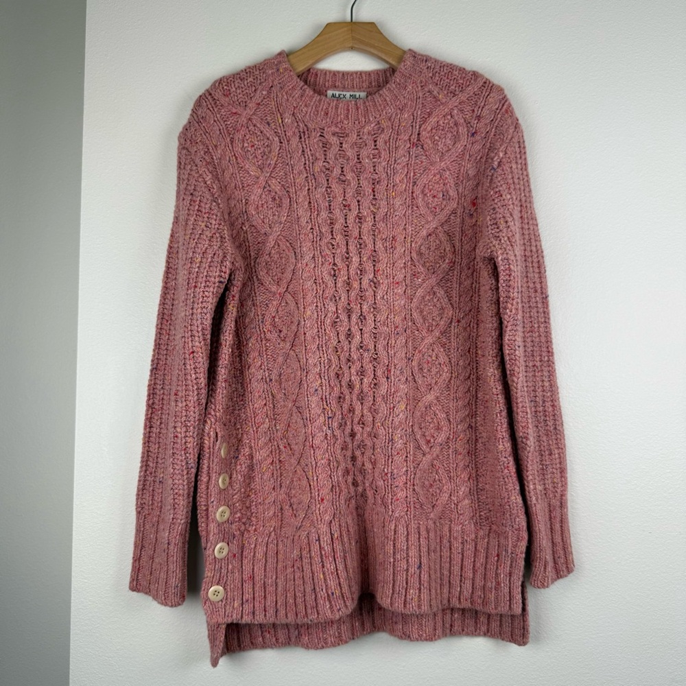 Alex Mill Pink Aran Cable Knit Merino Wool Side Button Sweater Womens Small - Picture 3 of 13